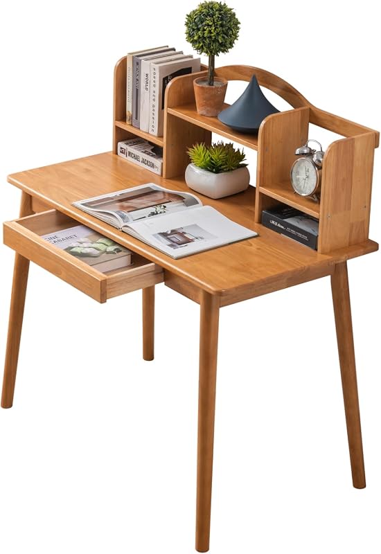 Solid Wood Desk with Drawers, 40-Inch Teak Wooden Computer Desk for Home Office