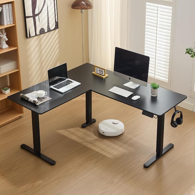 Electric L-Shaped Standing Desk, Height Adjustable Corner Desk with 3 Memory Presets and Splice Board, Black