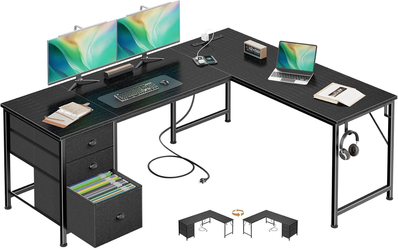 Furologee 63-Inch L-Shaped Desk with Power Outlets, USB-C Port and 3 Drawers