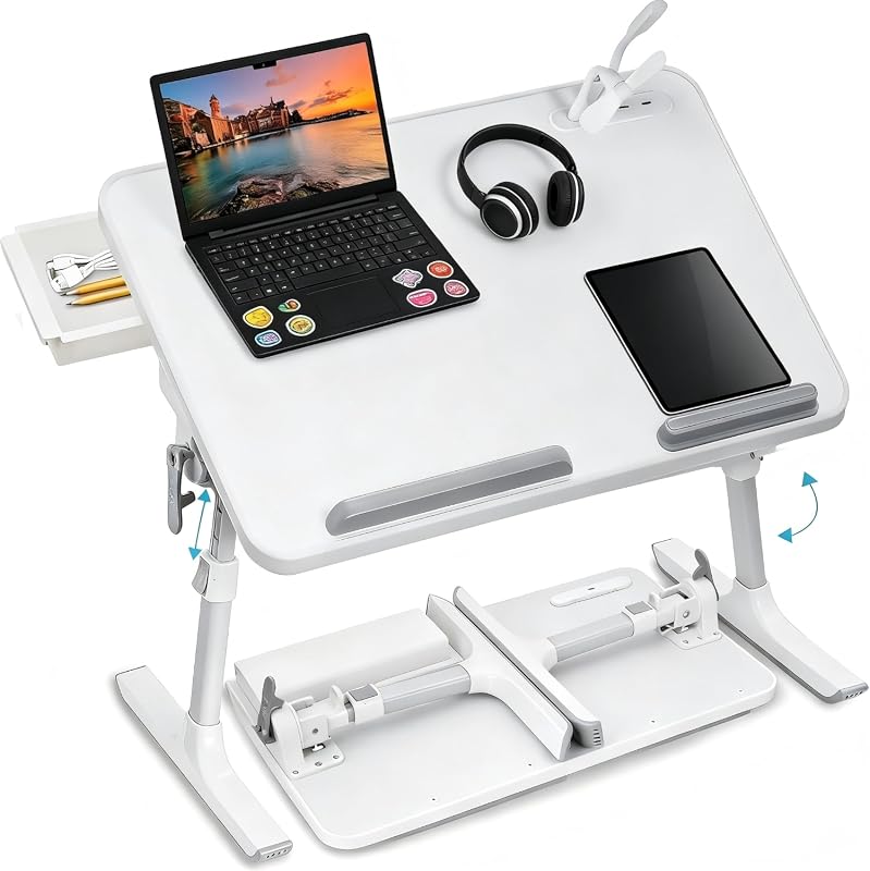Adjustable portable lap desk with tilting top, USB port, storage drawer and anti-slip supports