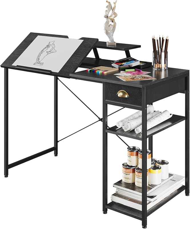 X-cosrack 43-Inch Adjustable Drafting Table with Drawer, Shelves, and Monitor Stand in Black