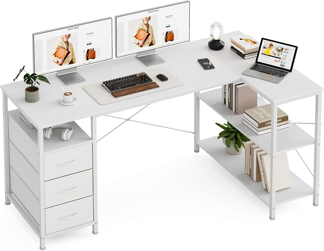 L-Shaped Computer Desk with 3 fabric drawers and reversible shelves