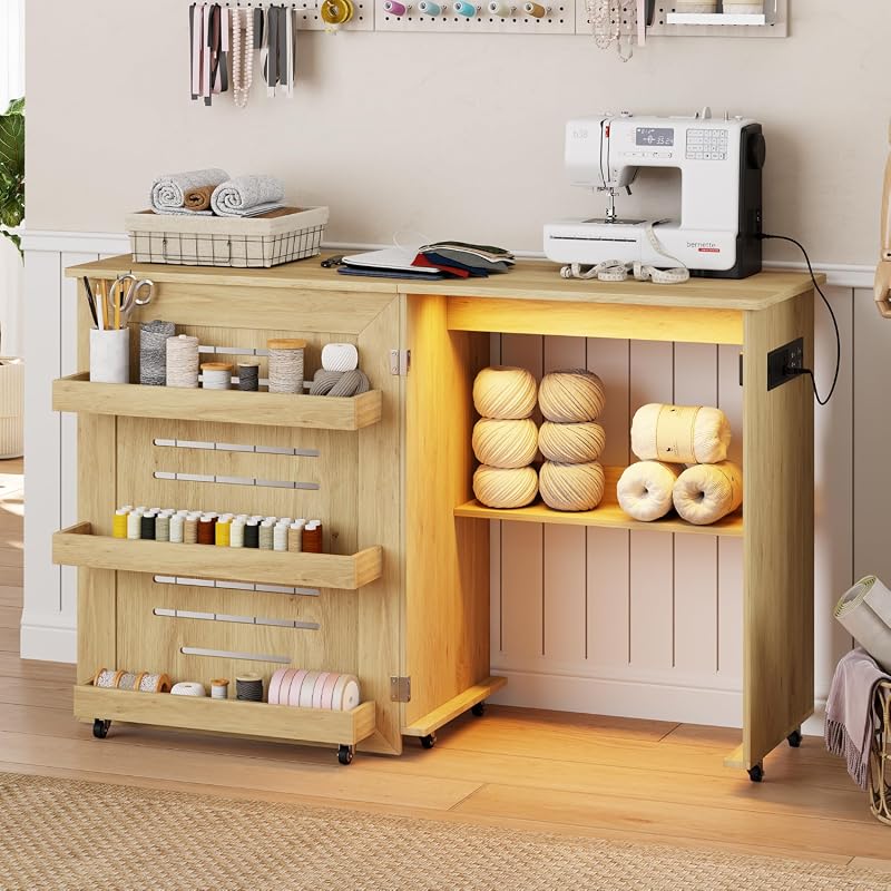 Lighted Folding Sewing Table with Charging Station, 3 Storage Trays, and Natural Finish
