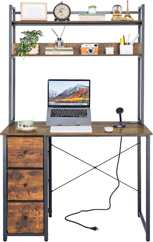 Aquzee 40-Inch Computer Desk with Hutch, 3 Drawers, and Power Outlets for Home Office