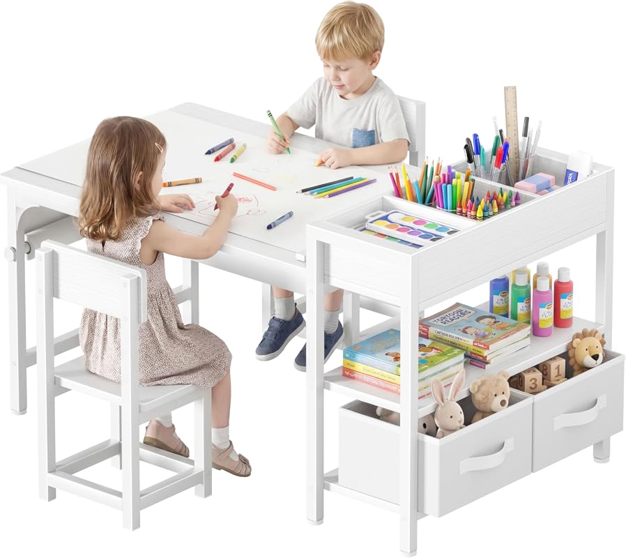 BOLUO Kids Art Table and Chair Set with Storage Drawers for Crafts and Learning