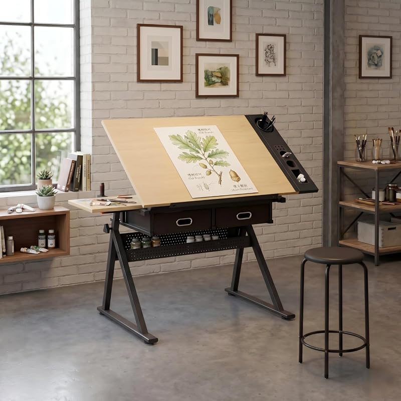Adjustable Drawing Table with Stool and 2 Drawers, Tilting Artist Desk for Studio