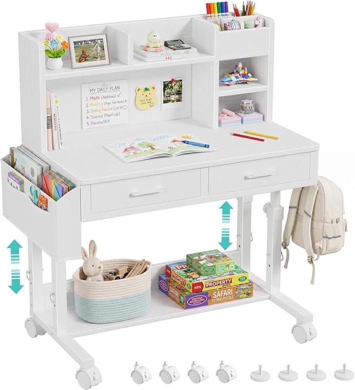 WINAZ 32-Inch White Kids Desk with Hutch and Height Adjustable Study Table