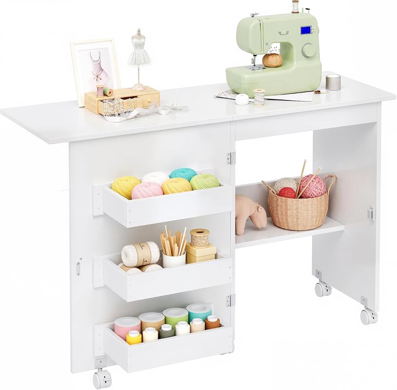 Folding Sewing Table Multipurpose Craft Station with Wheels, Shelves, Bins, Pegs, and Magnetic Doors