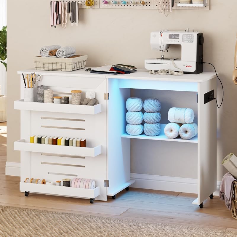 Lvifur Lighted Folding Sewing Table with Charging Station, Motion Sensor Lights, Storage Trays, and Wheels
