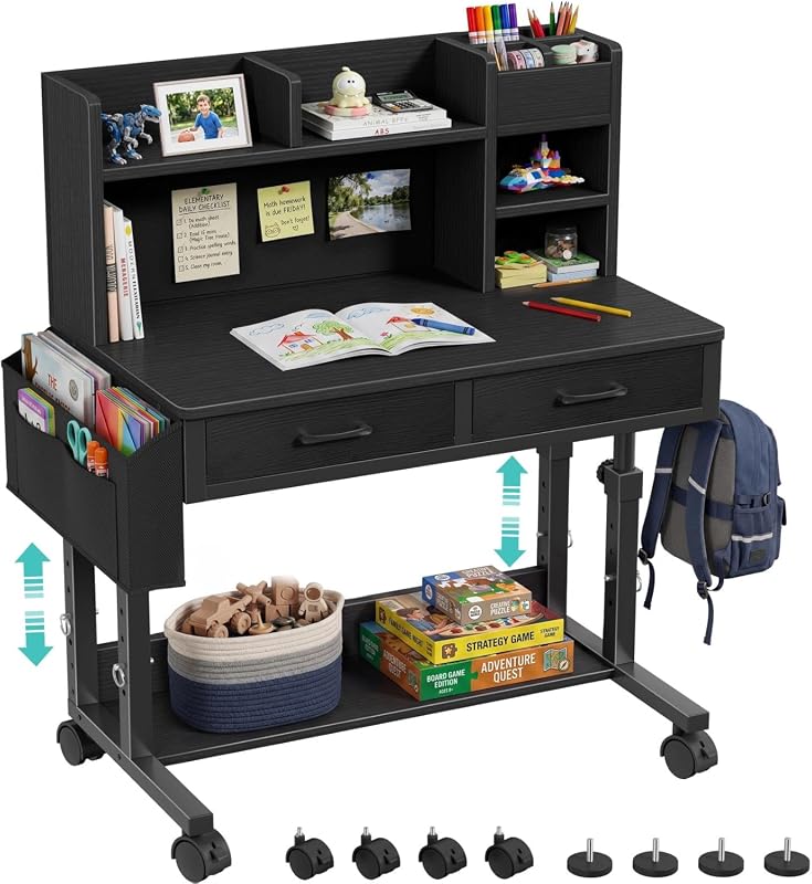 WINAZ Black Mobile Kids Desk, Height-Adjustable 32-Inch Study Table with Hutch