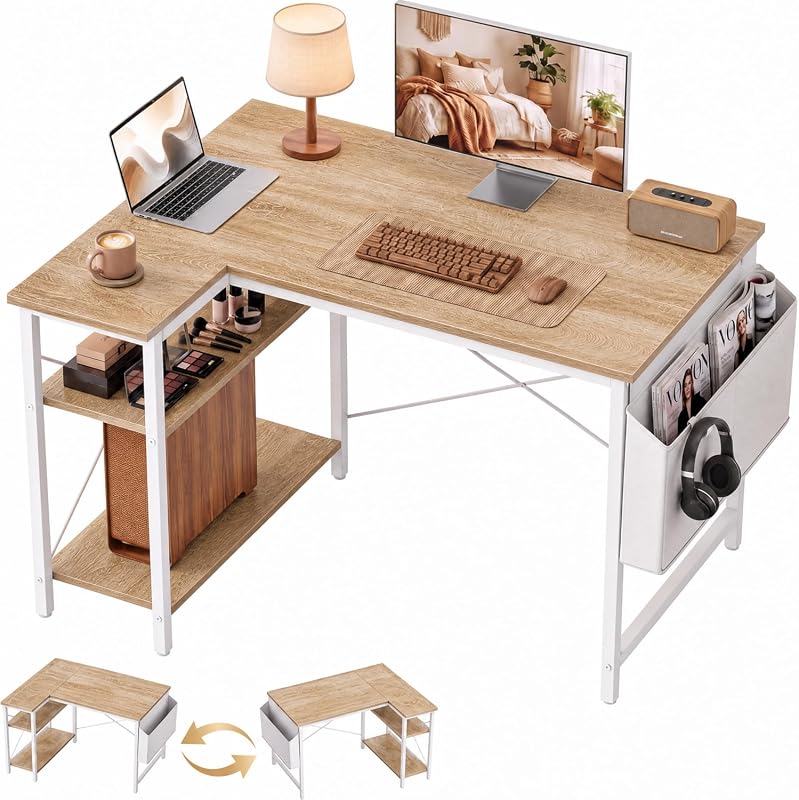 Grandder 40-Inch L-Shaped Computer Desk with Reversible Shelves and Storage Bag, Oak