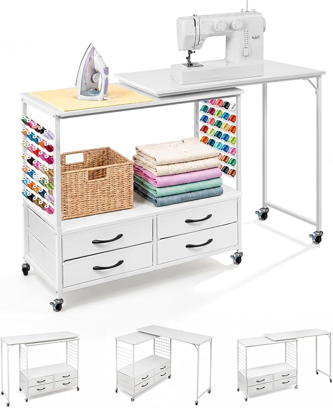 Folding Sewing Table with Storage, 70 Pegs, 4 Drawers, and Sewing Machine Cabinet