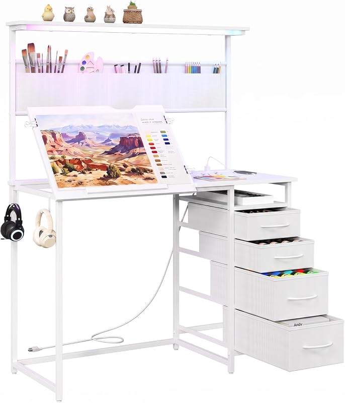 Adjustable Drafting Table with Storage Drawers and Shelf for Drawing, Painting, and Crafts