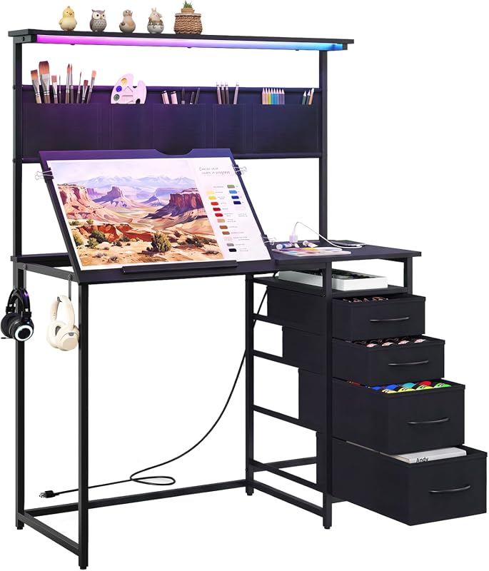 Adjustable Drafting Table with 4 Drawers and 50° Tilting Top for Art Crafts