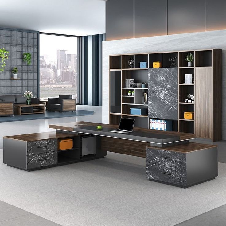 Modern office desk with storage in wood and metal, matte finish, clean lines, and integrated drawers