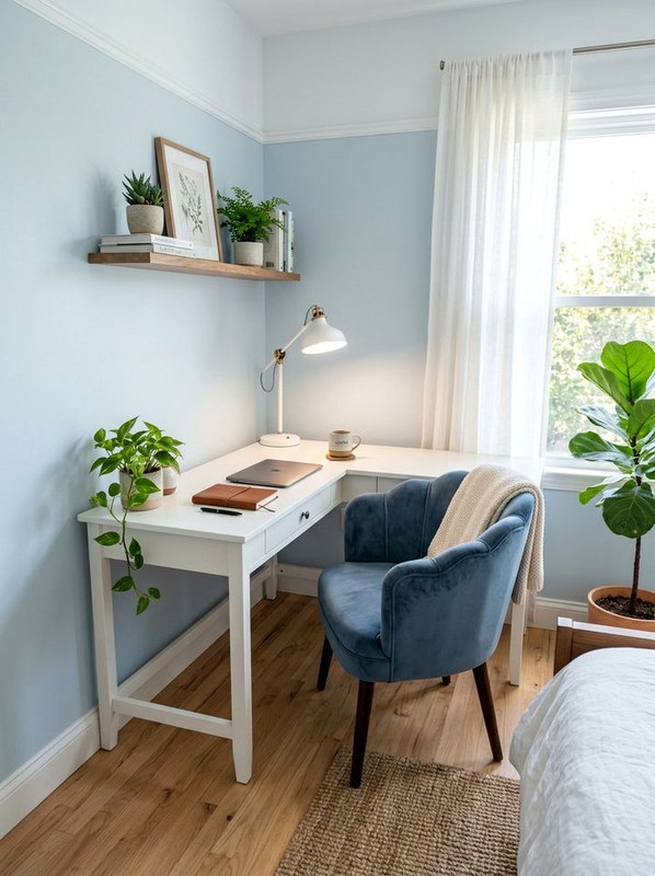 Small writing desk placed by a bedroom window with chair, lamp, and shelves in a compact corner