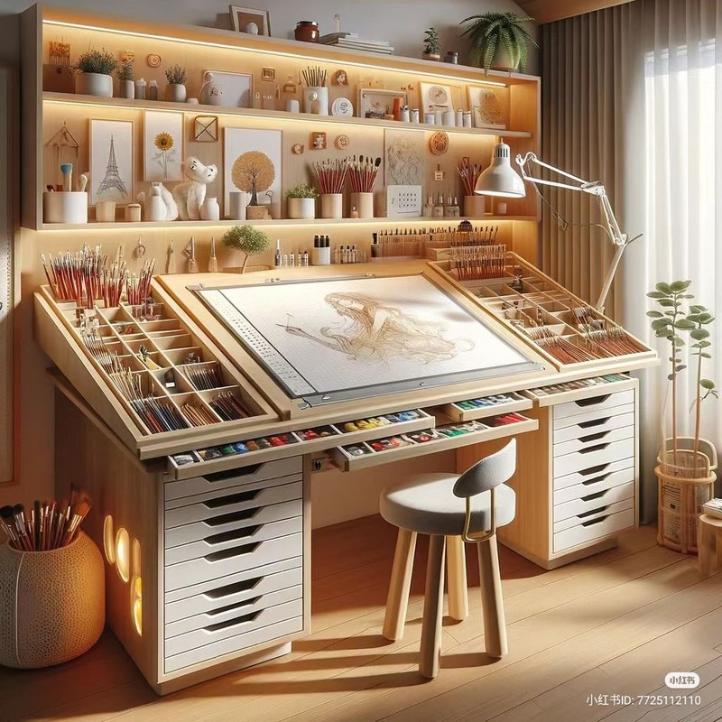 Artist desk with adjustable tabletop, storage drawers, and space for drawing tools