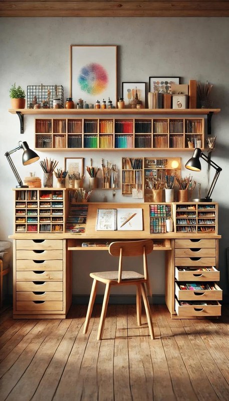 Artist choosing a desk with sketches, tools, and workspace layout for different mediums
