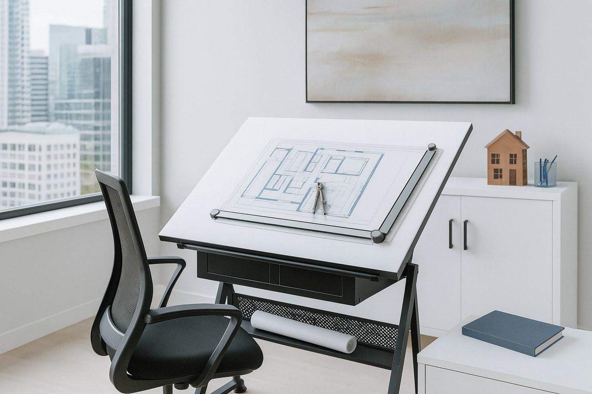 Drafting board in a studio setup beside a drawing board in a home workspace