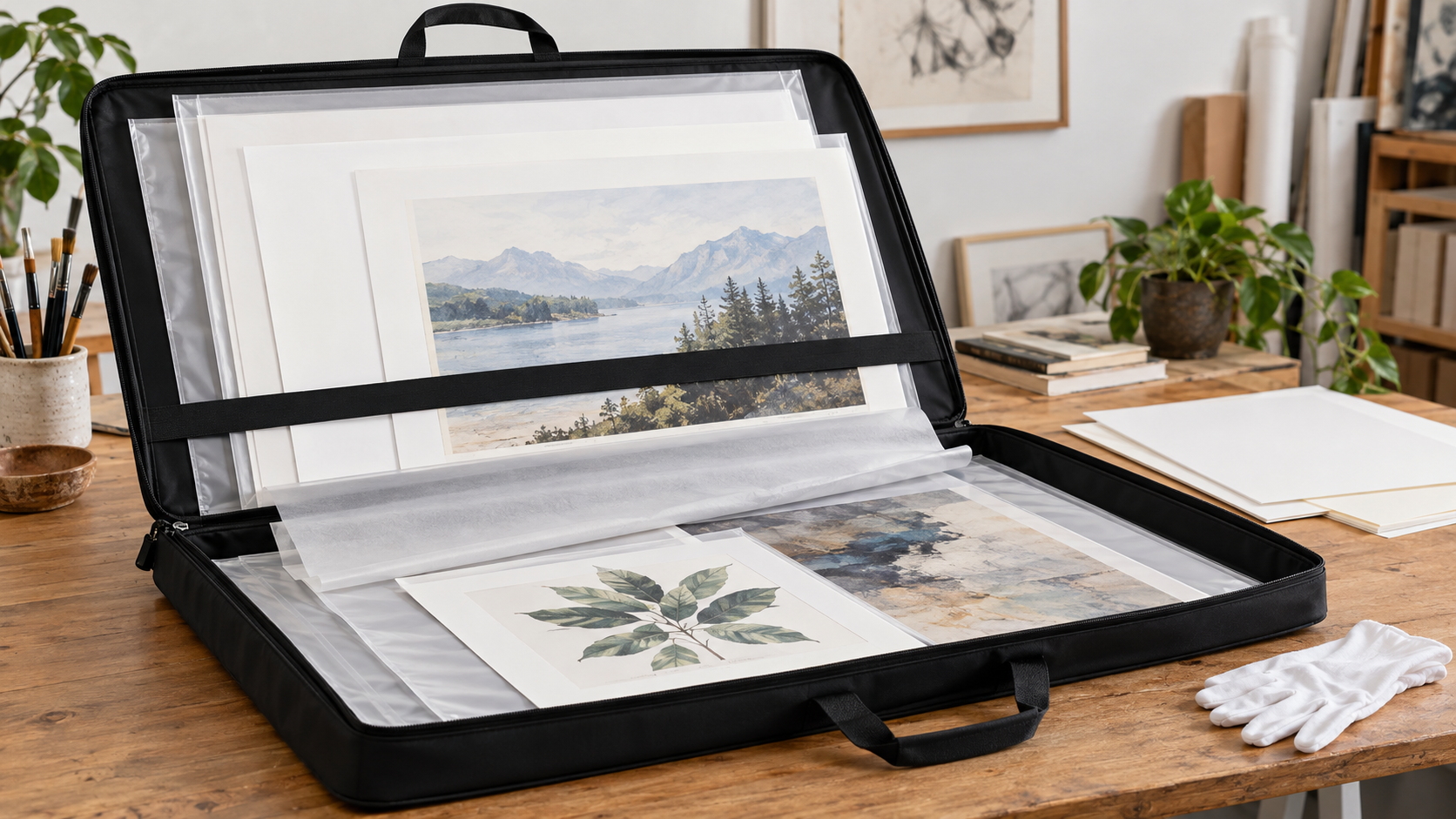 Artwork organized in a portfolio case with protective sleeves