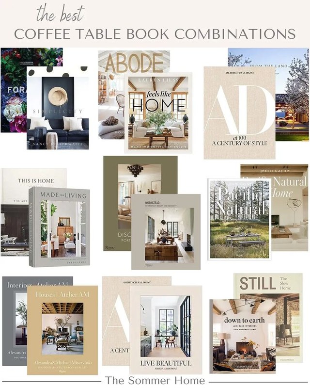 Stacked coffee table books styled in a living room beside a sofa and decorative objects