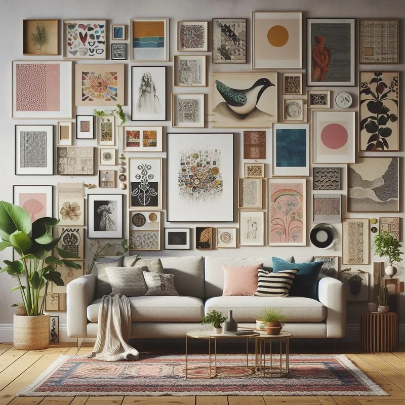 Cozy creative room with layered wall art, gallery wall, framed prints, shelves, and textured decor