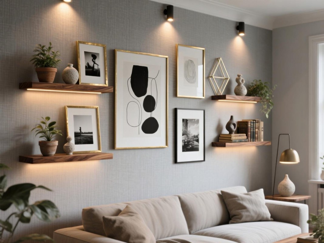 Measuring tape and framed art layout on a living room wall showing spacing and placement planning