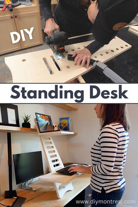 Person measuring desk height with tape measure and notebook before building a DIY standing desk converter