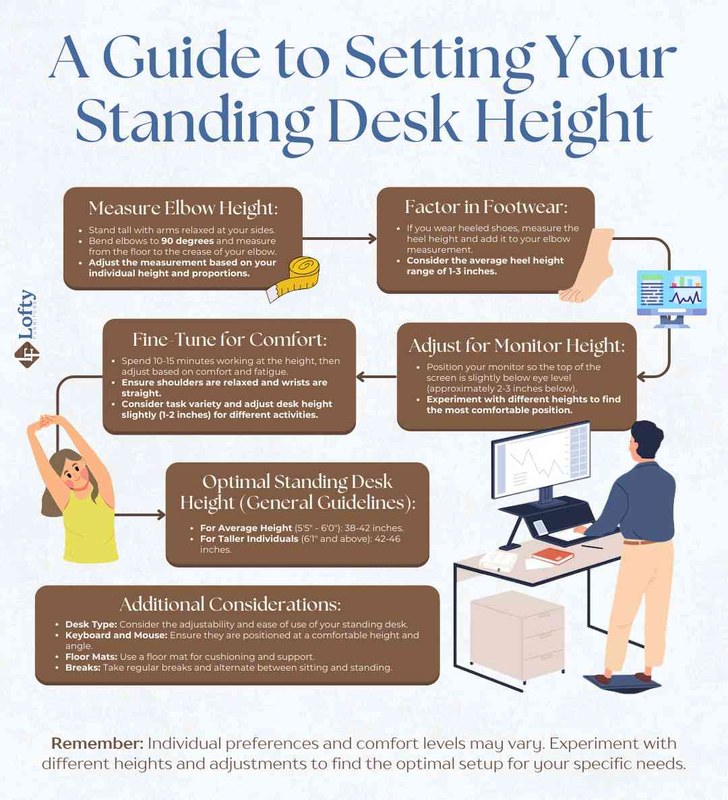 Person adjusting standing desk height so elbows rest at 90 degrees and monitor sits at eye level