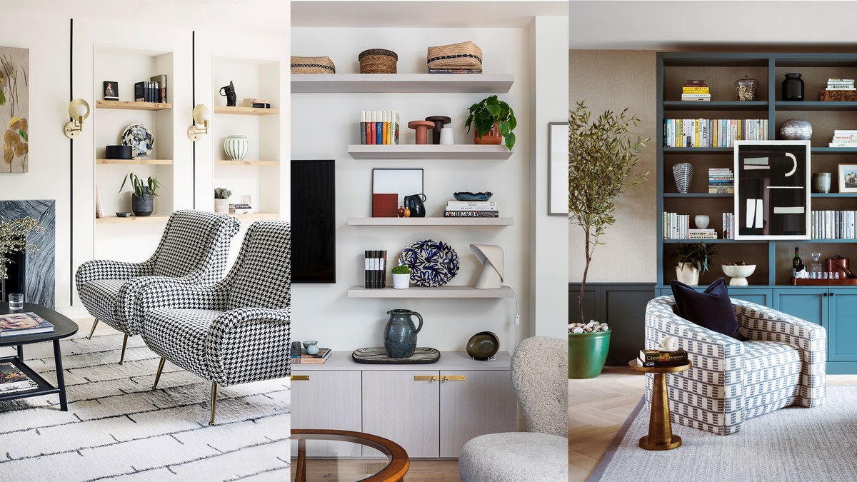 Coffee table books arranged on living room shelves by size and color in a modern interior