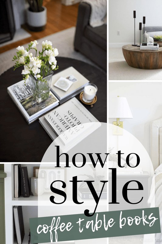 Stacked coffee table books styled on tables in a living room, bedroom, and entryway