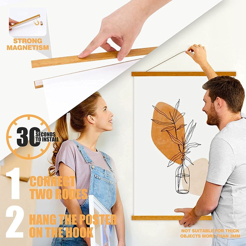 Tools and materials for a magnetic poster hanger arranged on a table, including wooden slats, magnets, string, and ruler