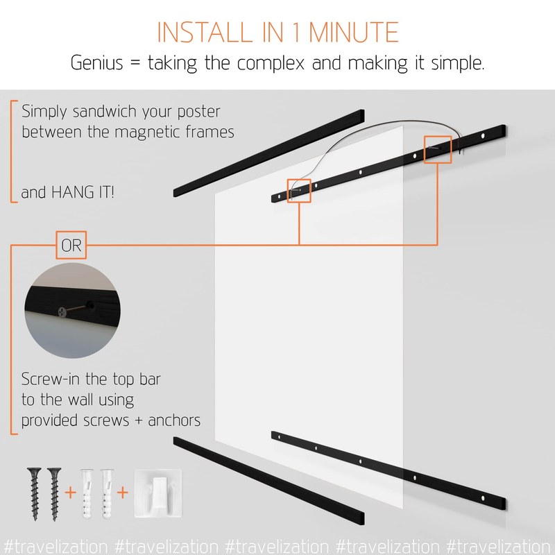 A magnetic poster hanger holding a print on a wall with spacing and size measurements marked nearby