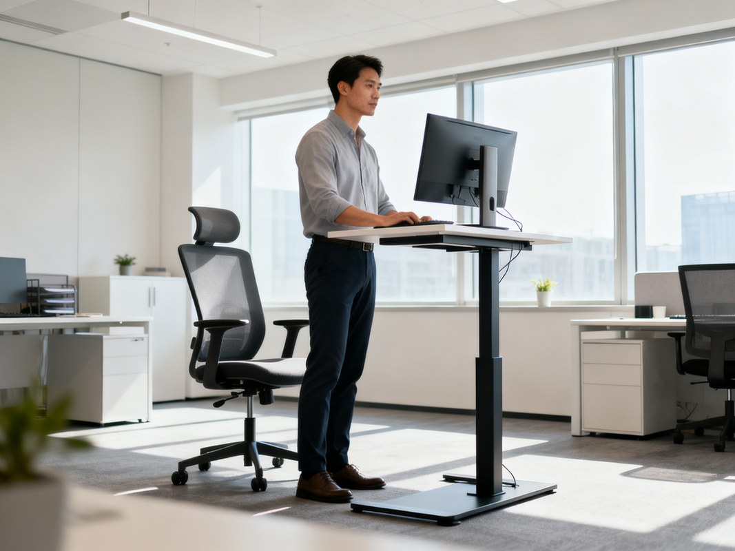 Person in a 2026 home office using a standing desk with monitor at eye level and relaxed shoulders