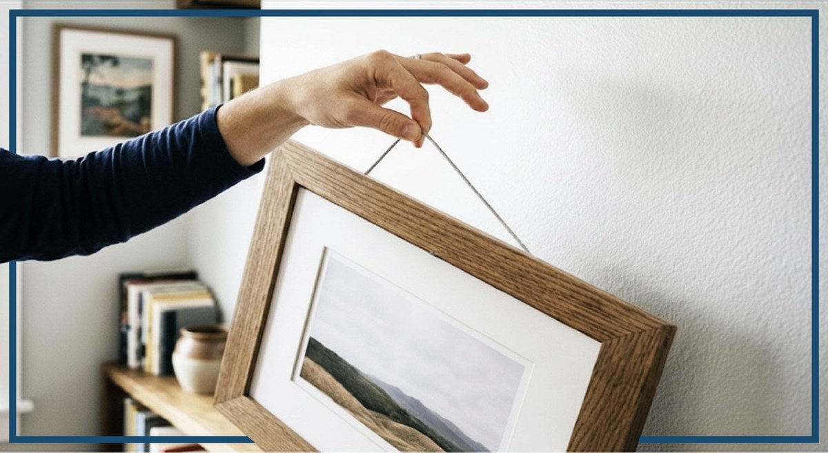 A wall picture frame hanging slightly crooked, showing why frames tilt out of alignment