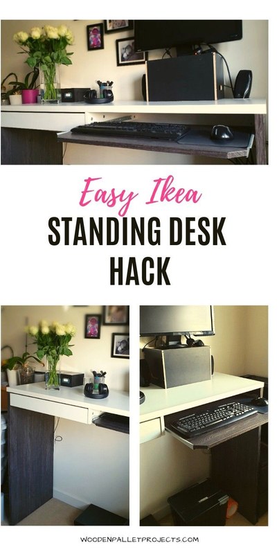 Person comparing IKEA desk frame, desktop size, and monitor height in a home office setup