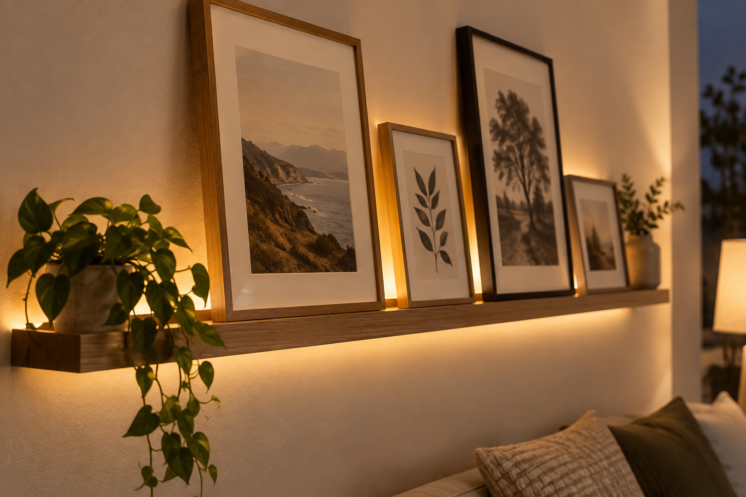 LED strip backlighting behind a picture ledge gallery wall