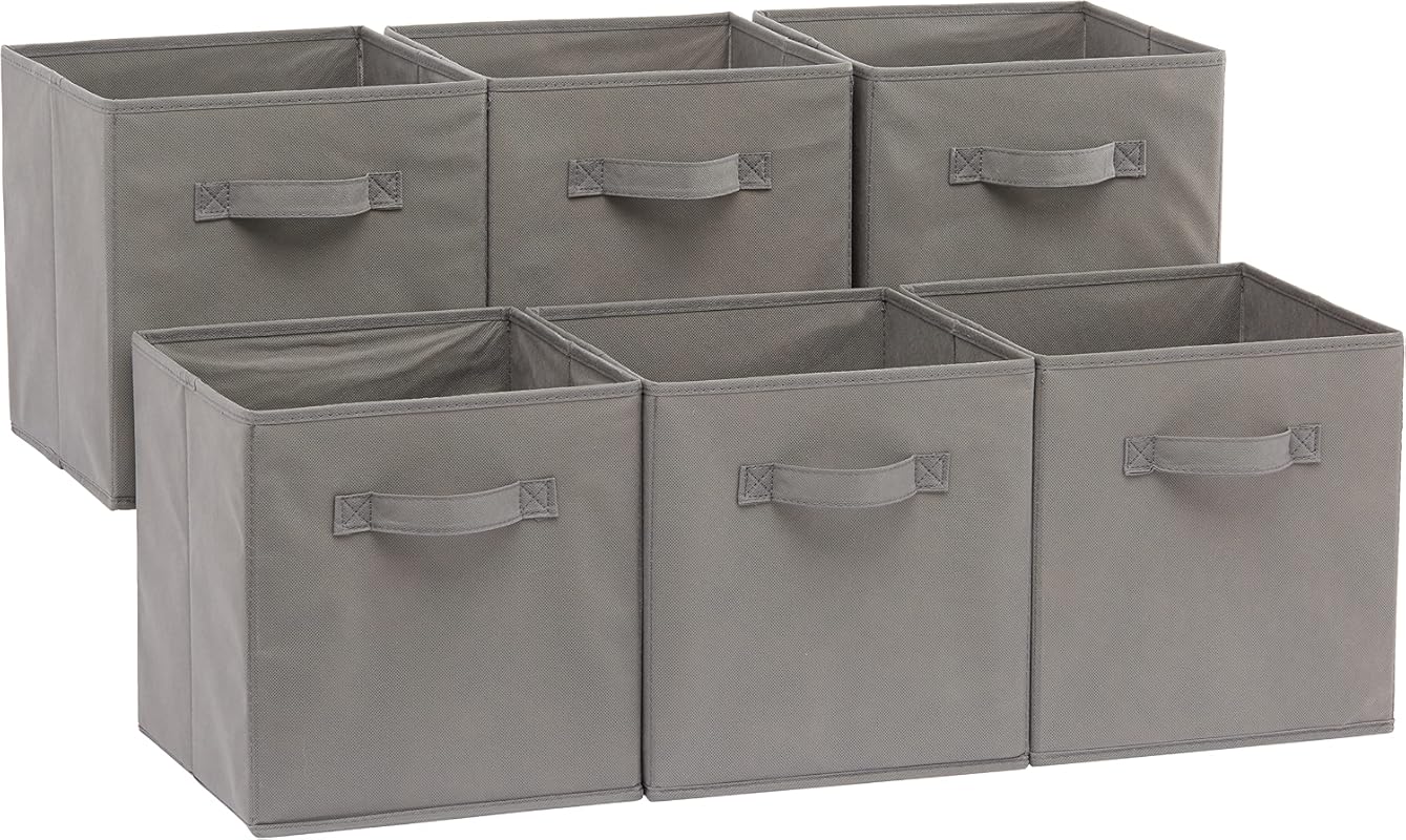 Grey Amazon Basics collapsible fabric storage cubes, six pack