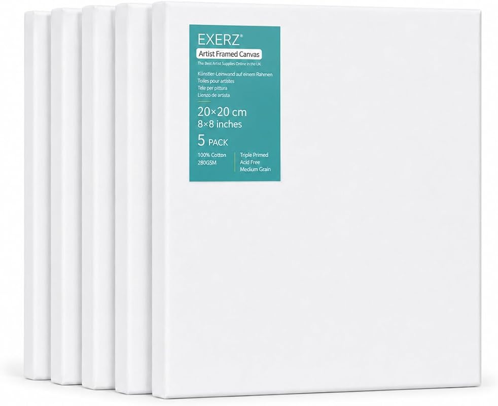 Five pack of EXERZ pre-stretched square cotton canvases for acrylic and oil