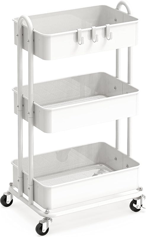 Simple Houseware 3-Tier Heavy Duty Metal Utility Rolling Cart, White Storage Organizer