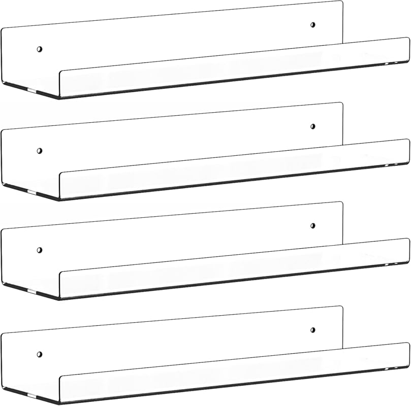 Cq acrylic 15-Inch Clear Acrylic Floating Wall Ledge Shelves 4-Pack for Kids Room Display