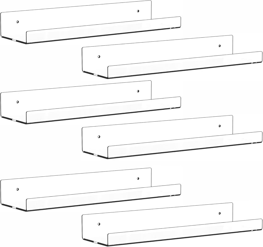 Clear Acrylic 15-Inch No-Drill Floating Wall Shelves 6-Pack with Adhesive for Display Storage
