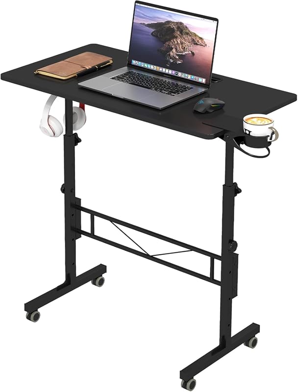 Hadulcet Adjustable Height Small Standing Desk with Wheels, Portable Rolling Laptop Cart, Black