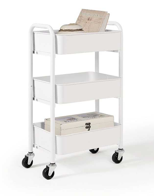 SunnyPoint 3-Tier Compact Rolling Metal Storage Organizer Cart with Caster Wheels, White