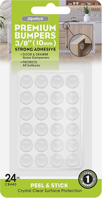 Slipstick Premium 3/8-Inch Clear Cabinet Door Bumpers, Adhesive Rubber Pads for Drawers and Furniture, 24-Pack