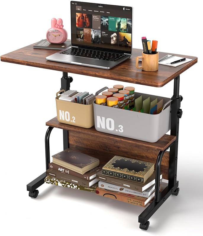QZMDSM Portable Rolling Desk with Adjustable Height, 32-Inch Computer Desk with Storage Shelves