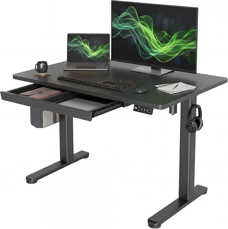 Claiks 40-Inch Electric Standing Desk with Drawer, Height Adjustable Sit-Stand Workstation, Black