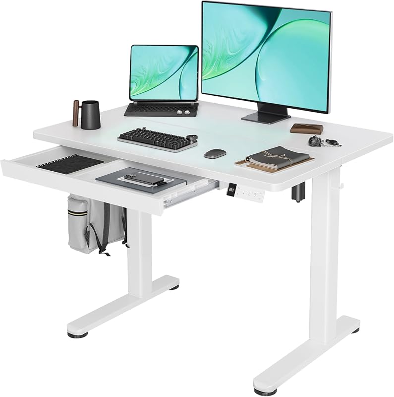 Claiks 40-Inch Electric Standing Desk with Drawer, Height Adjustable Sit-Stand Workstation, White