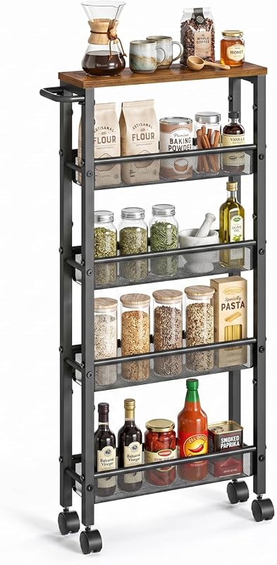 SONGMICS HOME 5-Tier Slim Rolling Storage Cart with Wheels and Handle, Brown and Black