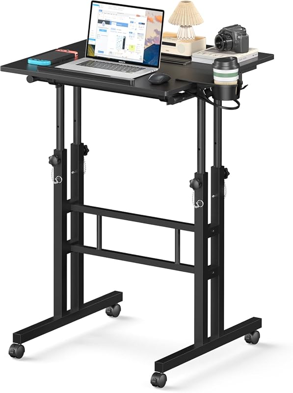Enayplon Small Standing Desk with Wheels, Adjustable Height Rolling Computer Table for Walking Pad